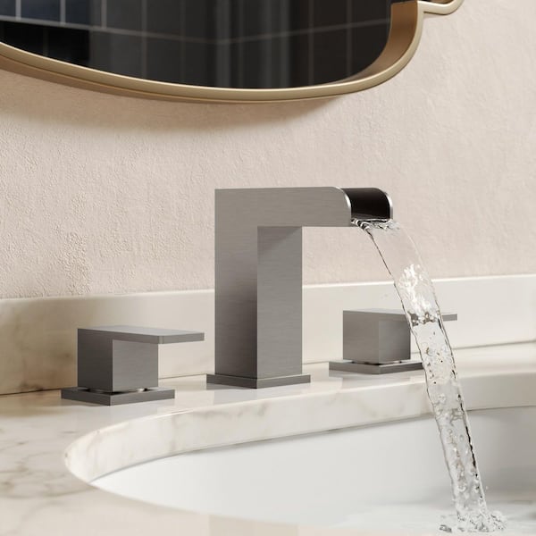 GRANDJOY Waterfall Spout 8 in. Widespread Double Handle Bathroom Faucet 1.0 GPM in Brushed Nickel Valve Included Stainless Steel