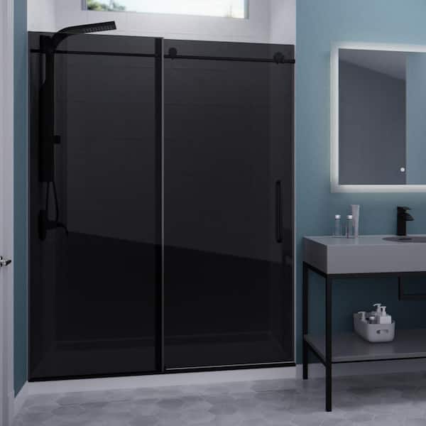 Madam 56 to 60 in. W x 76 in. H Frameless Sliding Shower Door in Matte Black with Tsunami Guard Tinted Tempered Glass