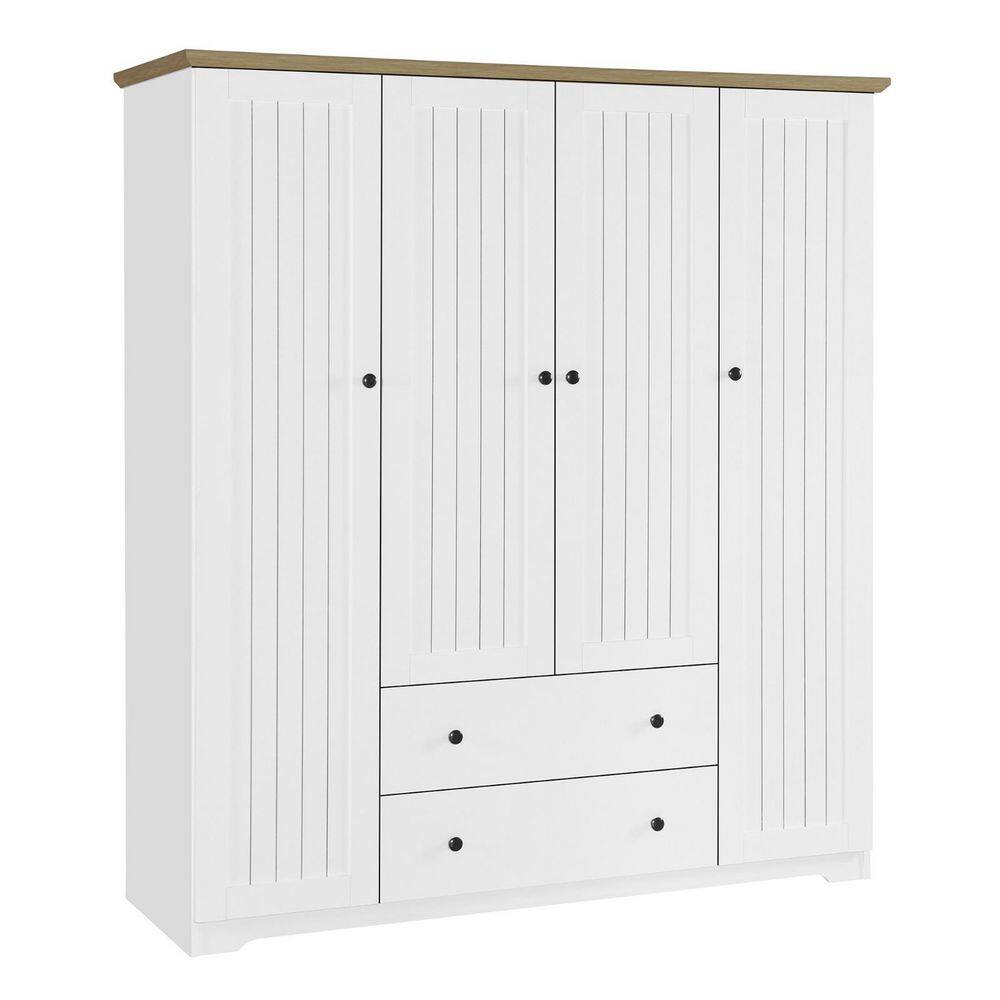 White Solid Wood 60.6 in. Wardrobe with 4 Doors and 2 Drawers - thumbnail 7