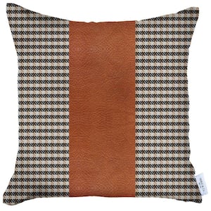 Boho-Chic Handcrafted Vegan Faux Leather Brown 18 in. x 18 in. Square Houndstooth Throw Pillow Cover
