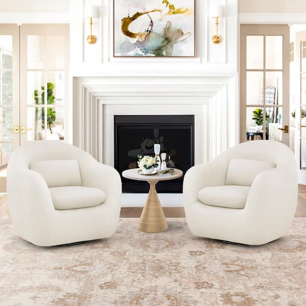 Alma Oversized White Fabric 360° Swivel Armchair High Density Foam Seat Accent Chair with Padded Backrest Set of 2