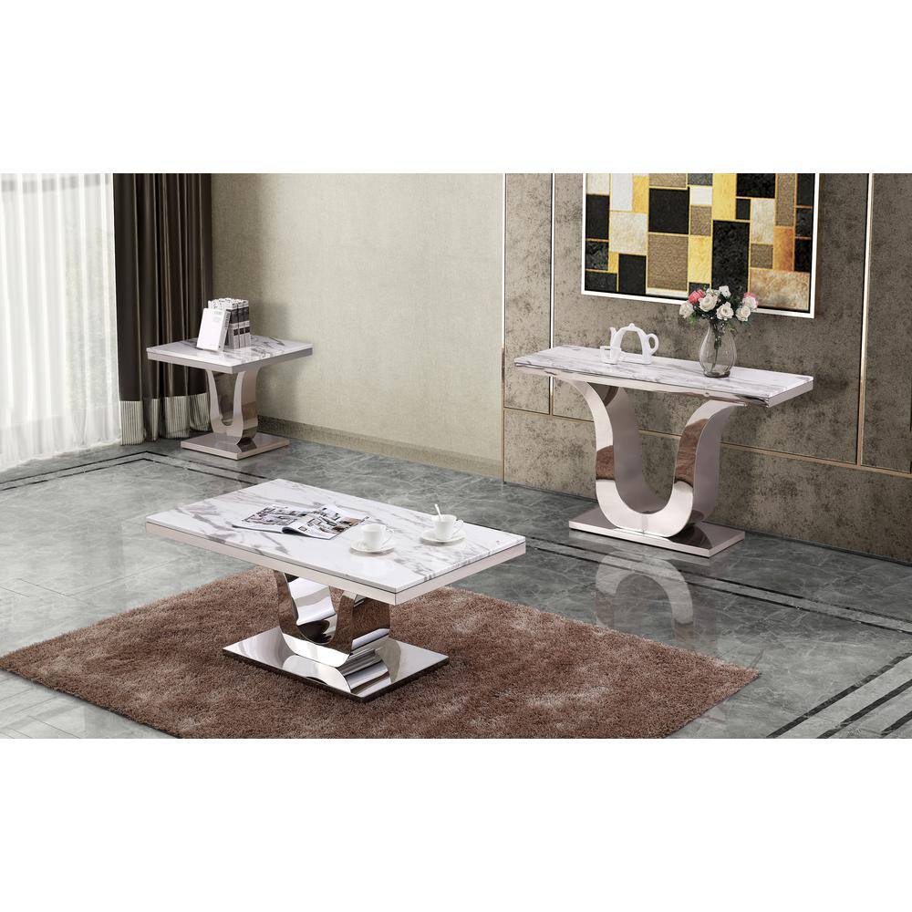White Marble and Silver Stainless Steel 3-Piece Coffee Table Set