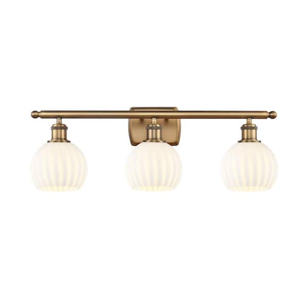 White Venetian 26 in. 3-Light Brushed Brass Vanity Light with Glass Shade