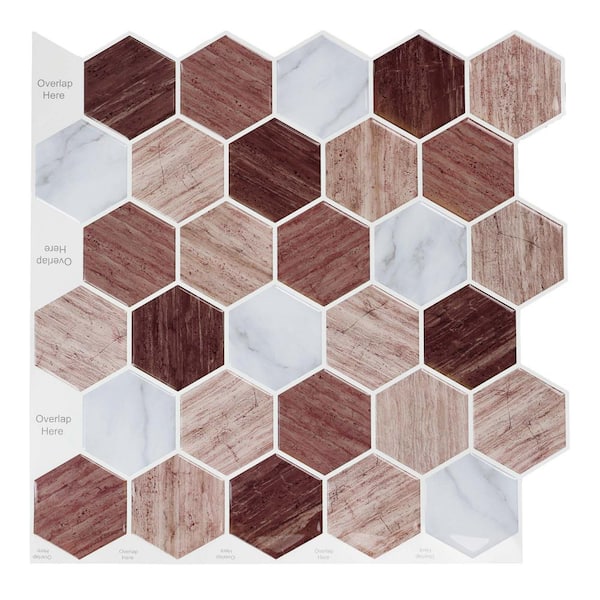 Jeedeson 11.8 in. x 11.8 in. x 0.04 in. Vinyl Peel and Stick Tile, Brown Hexagon Wall Tiles 9.7 Sq. Ft./10-Pack