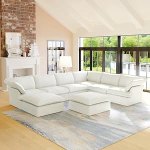 163 in. Overstuffed Down Filled Comfort Linen Flannel U-shape 8-Seat Sofa Modular Sectional with Ottoman, White