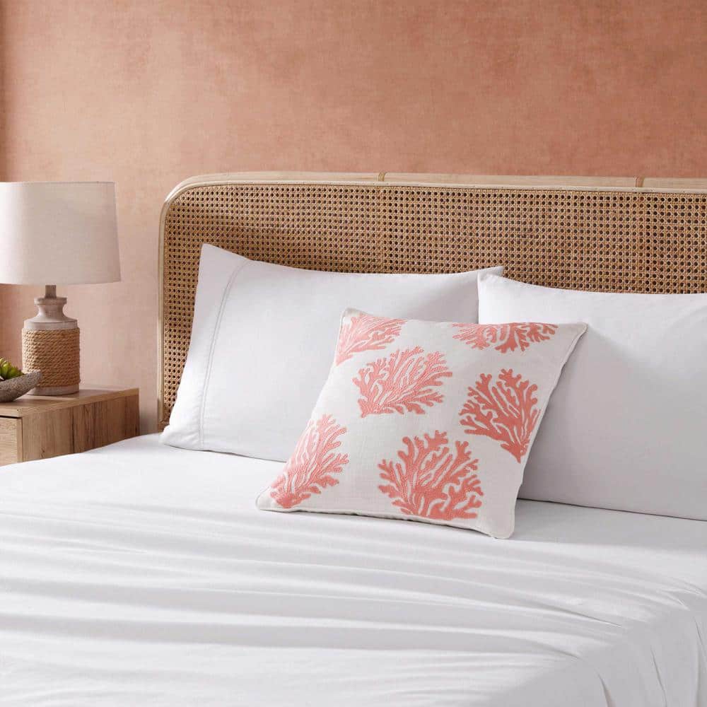 Coral Embroidered Square Coastal Throw Pillow