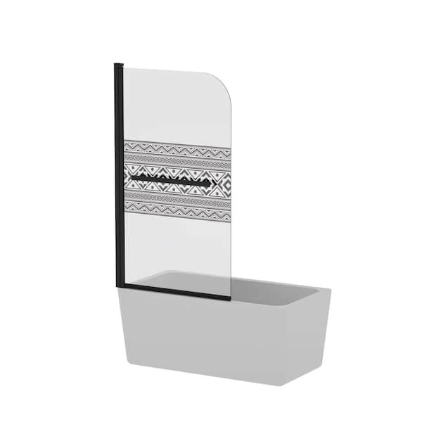 31.50 in. W x 55 in. H Fixed Semi Frameless Tub Door in Matte Black Finish with Patterned Black Tempered Glass