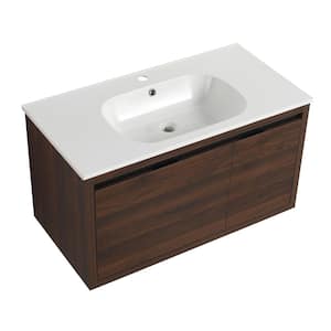 35 in. W x 18 in. D x 19 in. H Single Sink Wall Mounted Bath Vanity in Walnut with White Gel Solid Surface Top