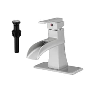 Single Handle Single Hole Bathroom Faucet with Deckplate and Drain Kit Brass Waterfall Sink Basin Taps in Brushed Nickel