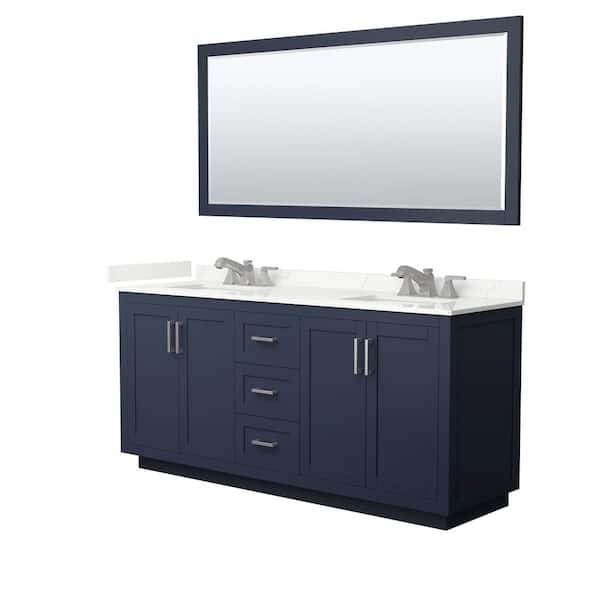 Wyndham Collection Miranda 72 in. W x 22 in. D x 33.75 in. H Double Bath Vanity in Dark Blue with Giotto Quartz Top and 70 in. Mirror