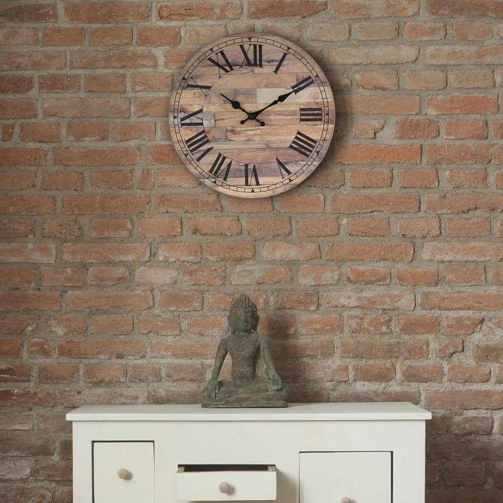 14-Inch Rustic Brown Wooden Roman Numeral Wall Clock