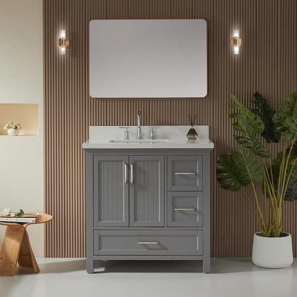36 in. Solid Wood Grey Bath Vanity with Carrara White Cultured Marble Top, 2 Handles Sets, Soft-Closing, Assembled
