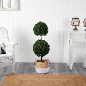 3.5 ft. Green Boxwood Double Ball Faux Topiary Tree Handmade Cotton and Jute White Planter UV Resistant (Indoor/Outdoor)