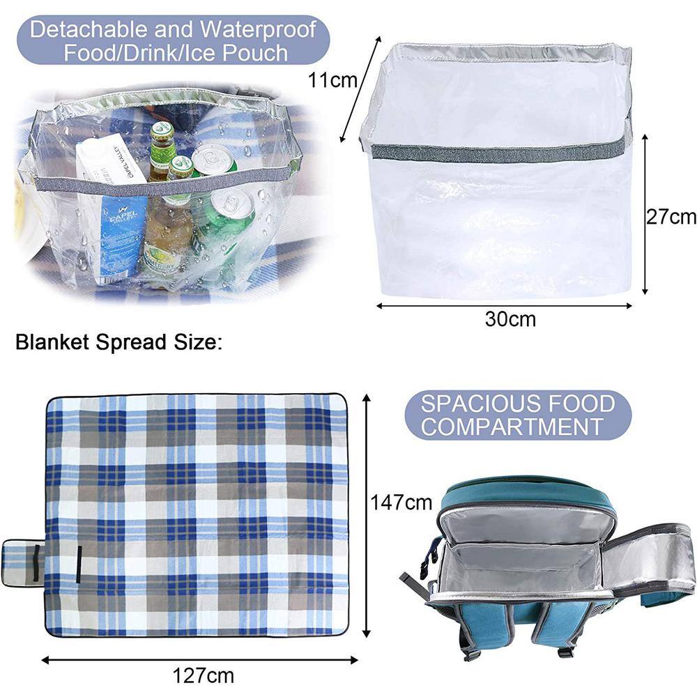 Light Blue 4-Person Picnic Backpack with Blanket and Insulated Cooler
