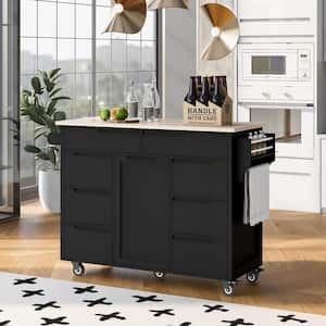 Black Rubber Wood Countertop 53.15 in. Kitchen Island with 8-Drawers and Flatware Organizer on 5-Wheels