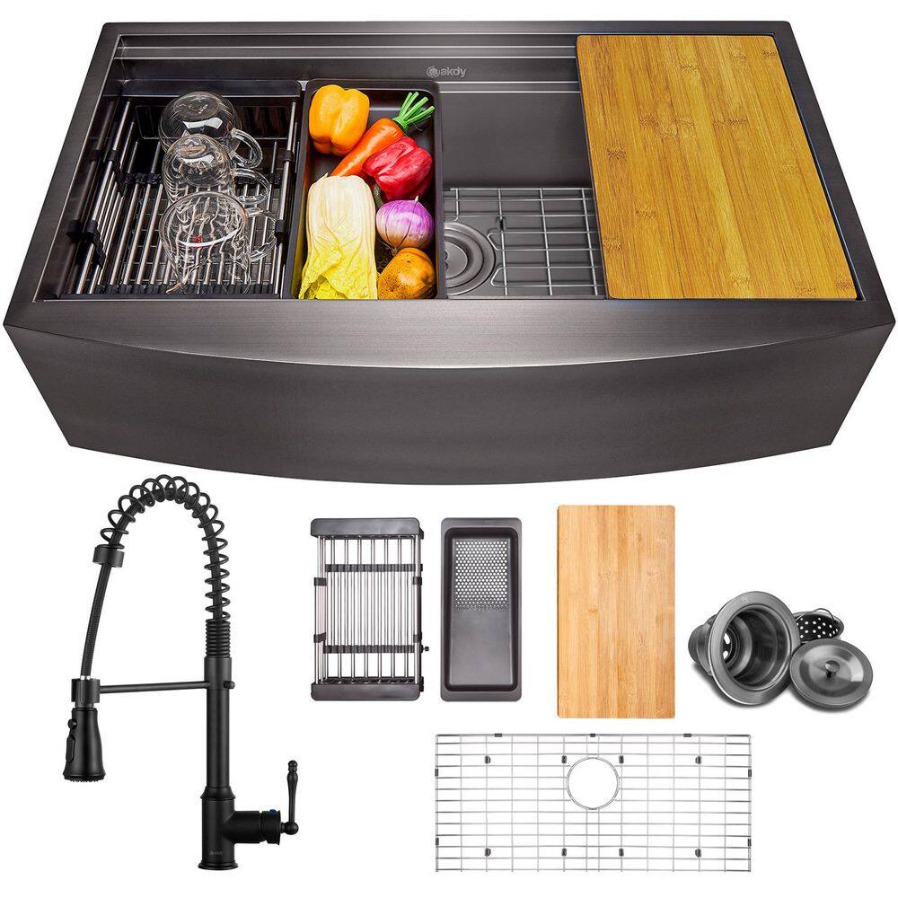 All-in-One Matte Black Finished Stainless Steel 33 in. x 22 in. Farmhouse Apron Mount Kitchen Sink with Faucet price history