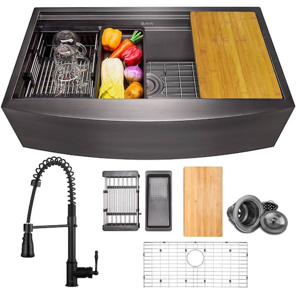 All-in-One Matte Black Finished Stainless Steel 33 in. x 22 in. Farmhouse Apron Mount Kitchen Sink with Faucet
