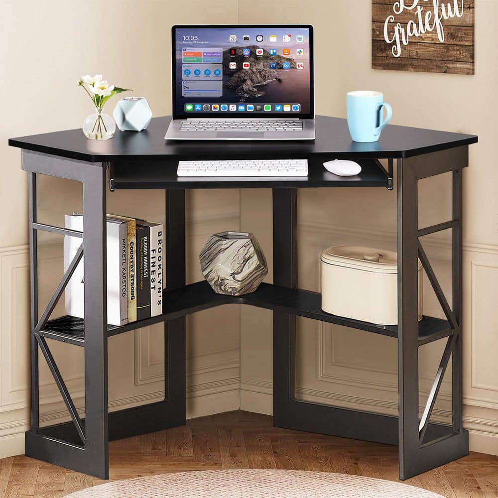 Corner Computer Desk 41 in. Triangle Black Table Desk with Keyboard Tray & Storage Shelves, Small Space Home Office Desk price history on PriceWatchPro