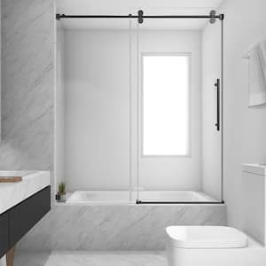 60 in. W x 66 in. H Single Sliding Frameless Shower Tub Door in Matte Black with Clear 3/8 in. Glass