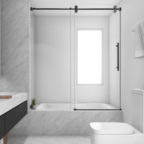 CKB 60 in. W x 66 in. H Single Sliding Frameless Shower Tub Door in Matte Black with Clear 3/8 in. Glass