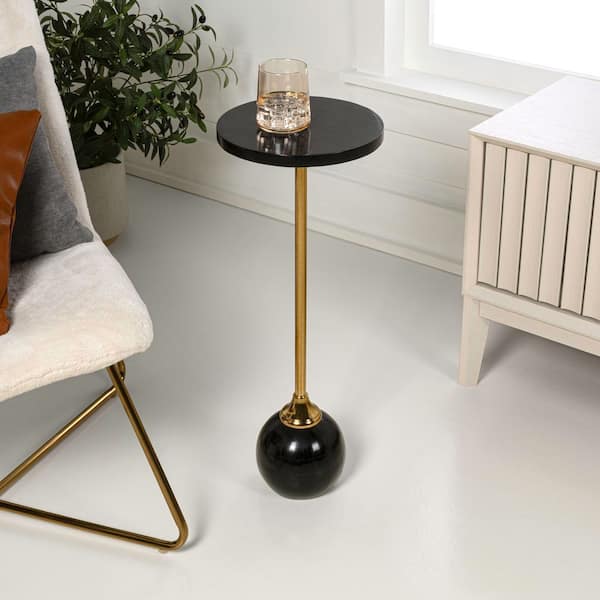 Evelyn 10 in. Modern Glam Round Metal/Resin Mosaic Top Pedestal Drink Table and Decorative End Table, Black/Gold