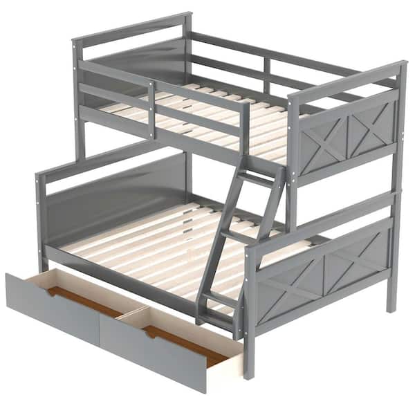 ANBAZAR Gray Twin Over Full Bunk Bed with Two Storage Drawers and Ladder, Convertible Wood Kids Bunk Bed with Saferail