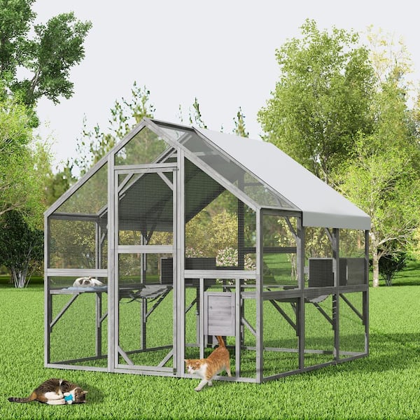 FUFU&GAGA Large Wooden Outdoor Cat House, 43 Sq. Ft. Cat Run Enclosure Walk in Cat Catio Kitten Condo with Enter Door, Roof Cover