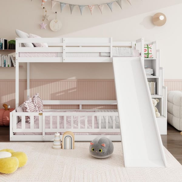 White Pine Twin over Full Bunk Bed with Slide, Safety Guardrails