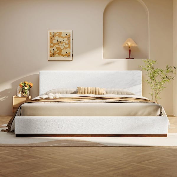 White Wood Frame Queen Size Boucle Upholstered Platform Bed with Wood Grain Textured Solid Wood Base, Support Legs