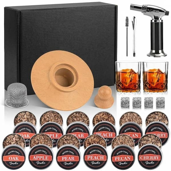 23-Piece Clear Glass Oak Cocktail Smoker Kit with Torch and 6 Wood Chip Flavors for Whiskey and Bourbon