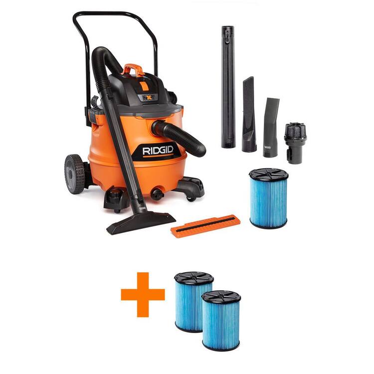 RIDGID 16 Gal. 6.5 Peak HP NXT Shop Vacuum Wet Dry Vac with Cart, 2-Additional Fine Dust Filters, Hose and Accessories