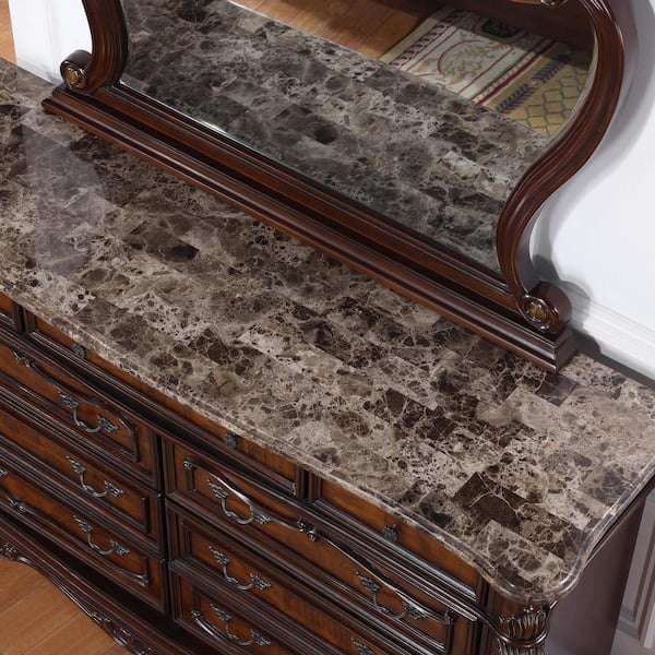 Feliciano Dark Cherry 9-Drawer 70.5 in. Dresser with Mirror with Marble Top and Carved Details
