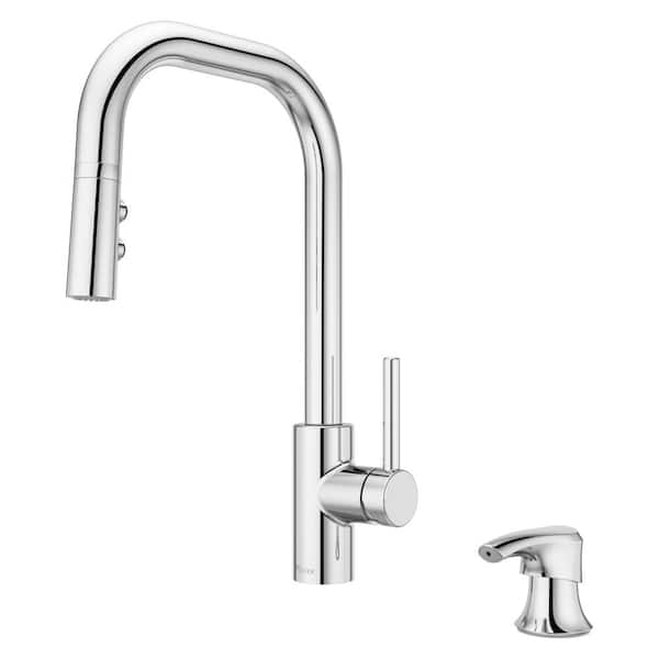 Pfister Zanna Single Handle Pull Down Sprayer Kitchen Faucet with Deckplate and Soap Dispenser in Polished Chrome