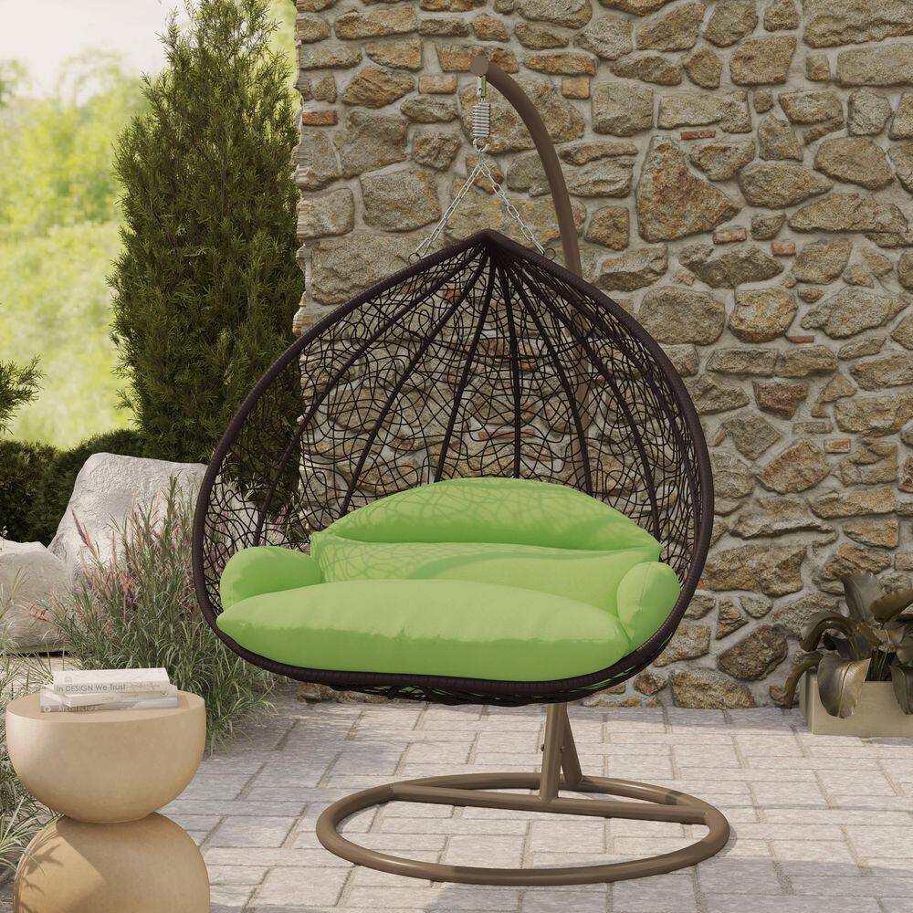 2-Person Egg Swing Chair in Brown Stainless Steel Porch Swing with Stand for Outdoor and Indoor in Light Green