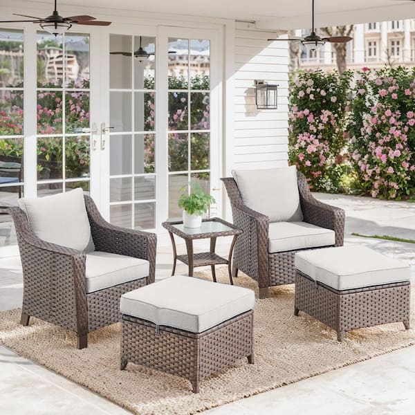 moosprr Slimline 5-Piece Brown Wicker Patio Conversation Set with Beige Olefin Cushions and 4 in. Wide Armrest/Lounge Chairs