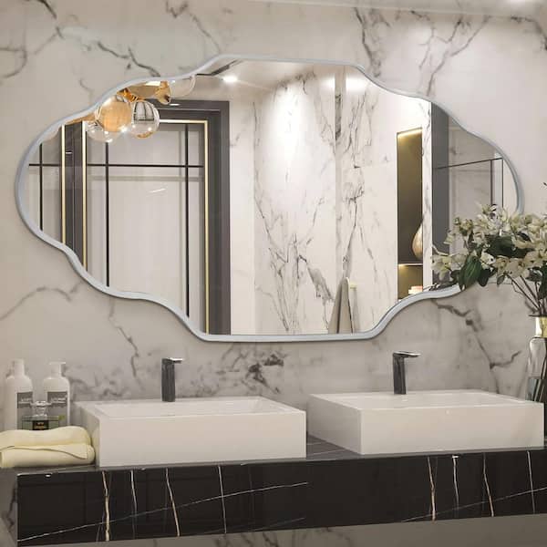 20 in. W x 36 in. H Scalloped Silver Aluminum Alloy Framed Wall Mirror Irregular Decorative Wall Mirror