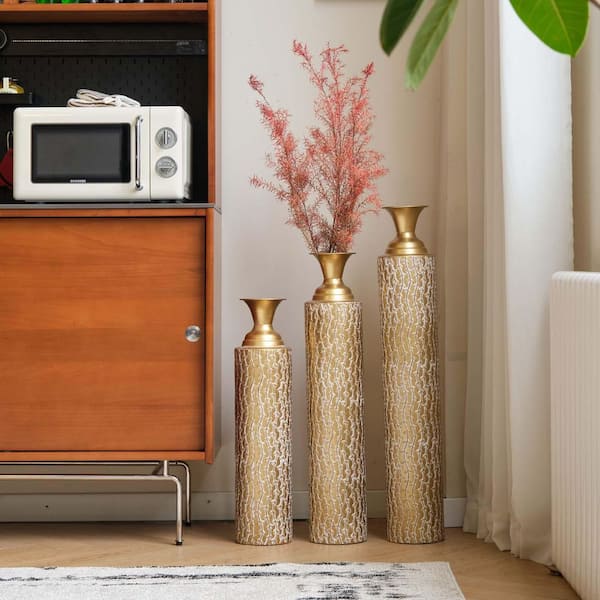TENGYA LLC 34 in. Gold Metal Tall Decorative Vase,Metal Vases with Growing Vine Patterns, Set of 3 Vases for Home Decoration,Bottle