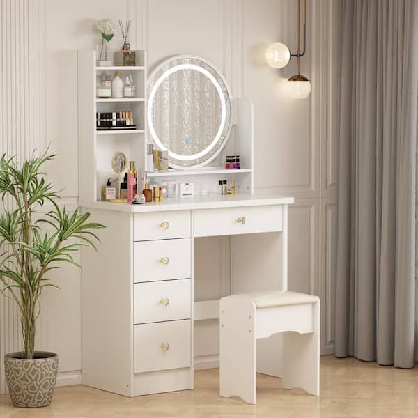 5-Drawers White Wood Makeup Vanity Set Dressing Desk W/ Stool, LED Round Mirror and Storage Shelves 52x 31.5x 15.7 in.