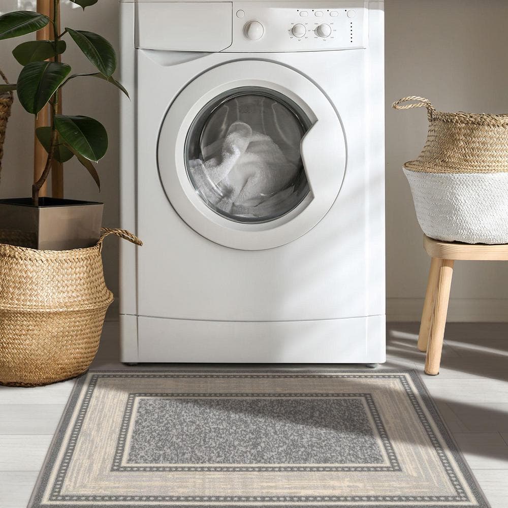 Light Gray Rectangular Non-Slip Washable Synthetic Area Rug