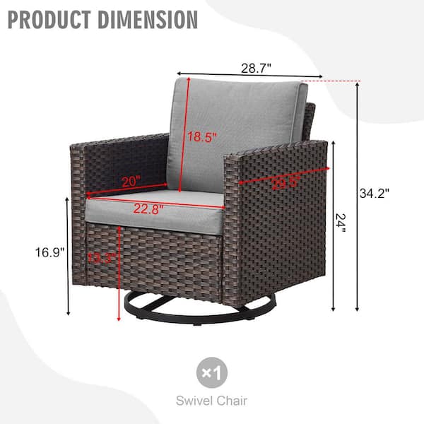 Brown Swivel Wicker Outdoor Lounge Chair with Gray Cushions