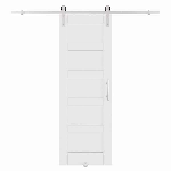 28 in. x 96 in. White Primed 5-Lite Pattern Paneled MDF Sliding Barn Door with Hardware Kit Nickel Plated