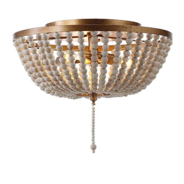 Allison 15 in. Wood Beaded/Metal LED Flush Mount, Antique Gold / Cream