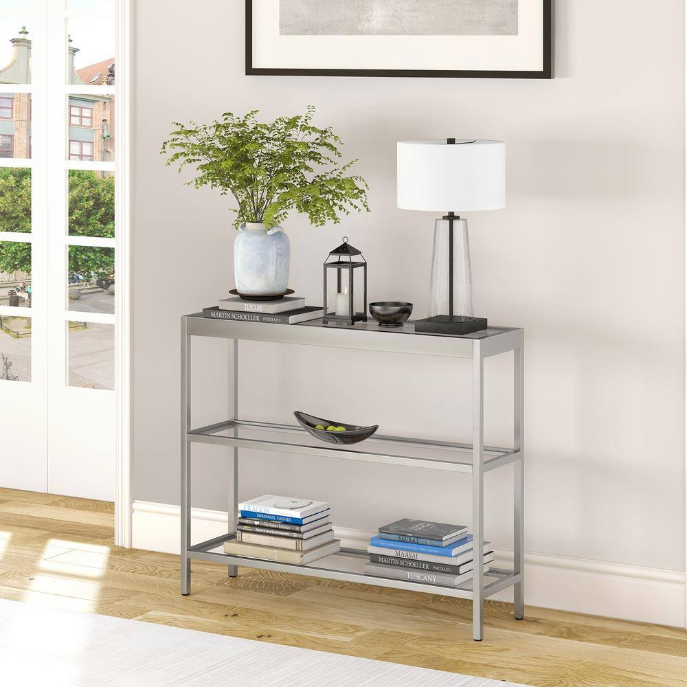 Satin Nickel 36" Wide Metal & Glass Console Table with Storage