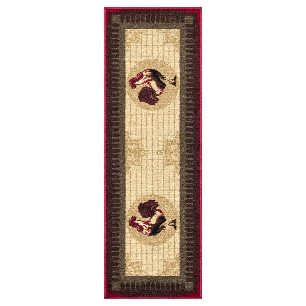 Ottomanson Cookery Collection Non Slip Rubberback Rooster Design 2x5   Beige Red Ottomanson Kitchen Mats Cky4132 20x59 64 1000 