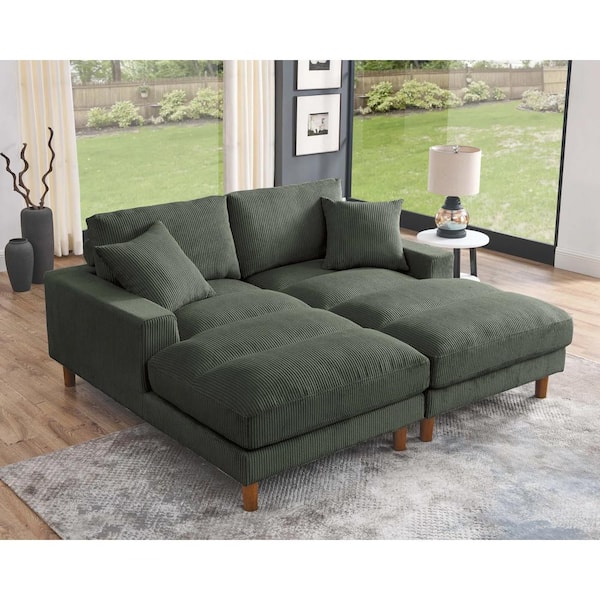 Monland 74 in. Modern Square Arm Polyester Corduroy Upholstery Rectangle Chaise Deep-Seated Oversized 2-Seaters Sofa in Green