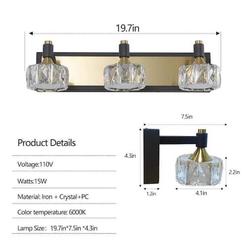 19.70 in. 3-Light Modern Crystal LED Black Barthroom Vanity Light with Frosted Mask Vanity Lighting