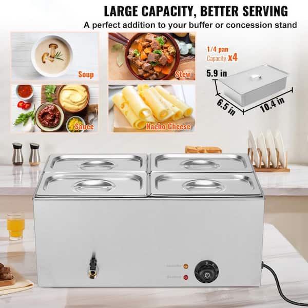 Commercial Food Warmer 19 qt. Bain Marie 1200 Watt Electric Buffet Warmer Steam Warmer Stainless Steel Wet or Dry Use