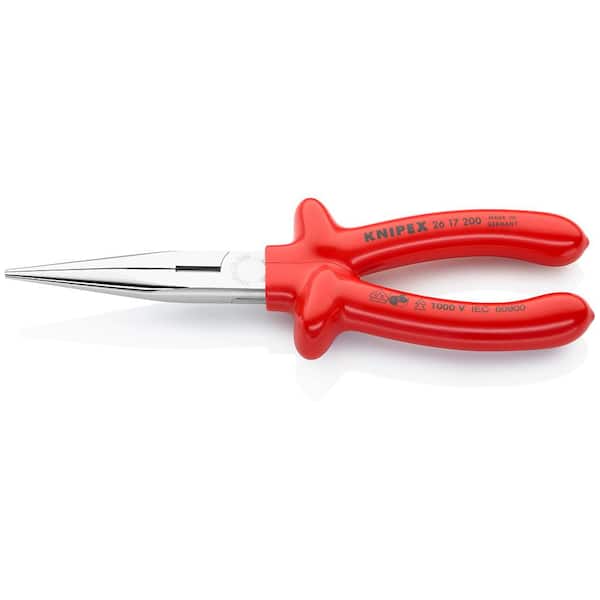 KNIPEX 8 in. 1000-Volt Insulated Long Nose Pliers with Cutter and Chrome Plating in Red