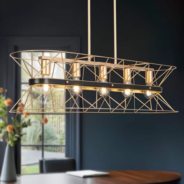 Modern Industrial 39.4 in. W 5-Lights Black Island Lamp, Chandelier Lighting with Gold Caged Metal Shade Dinging Room