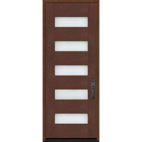 Regency 36 in. x 80 in. 5L Modern Frosted Glass LHIS Chestnut Stain Fiberglass Prehung Front Door w/ 8011 Black Lockset